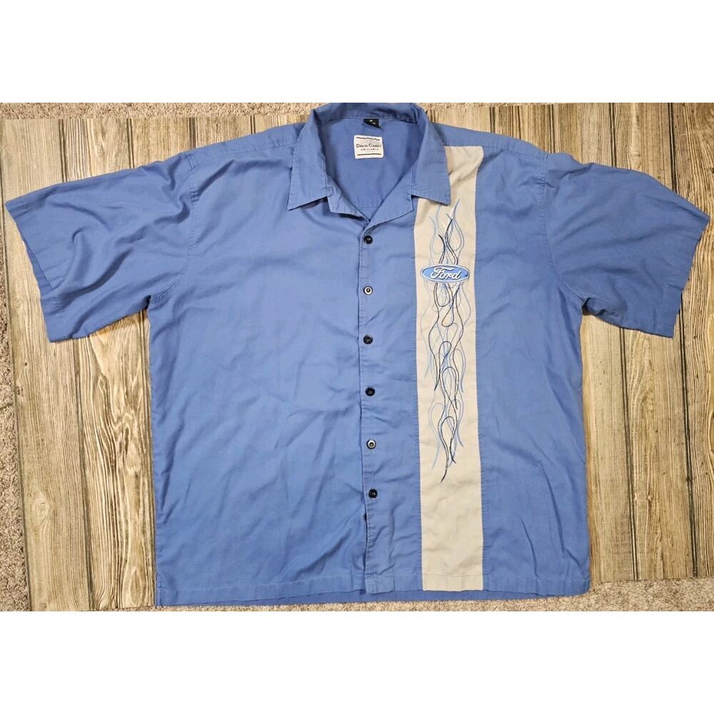 David Carey Originals Mens Ford Flames Blue Gray Block Bowling Shirt Mens 3X